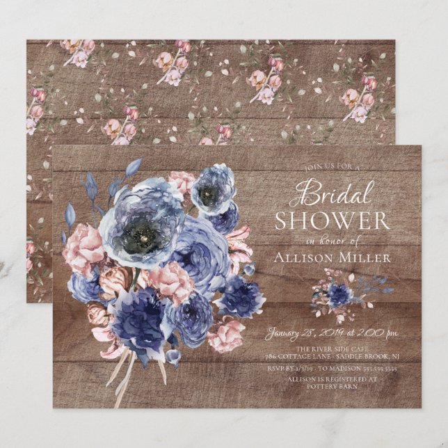 Rustikales Holz Navy Blush Floral Brautparty Einladung (Vorne/Hinten)