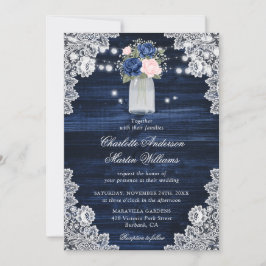 Rustikales Holz Navy Blush Pink Blues Hochzeit Einladung