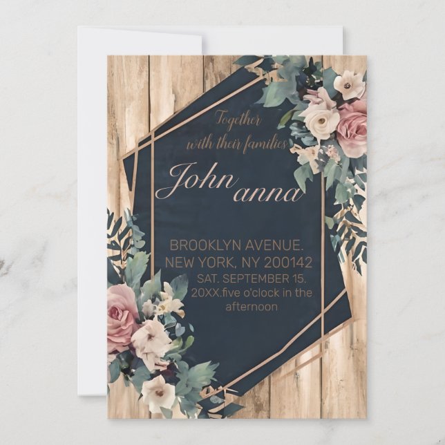 Rustikales Holz Navy Blush Pink Geometric Wedding Einladung (Vorderseite)