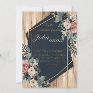Rustikales Holz Navy Blush Pink Geometric Wedding Einladung