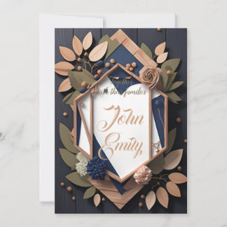 Rustikales Holz Navy Blush Pink Geometric Wedding Einladung