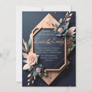 Rustikales Holz Navy Blush Pink Geometric Wedding Einladung