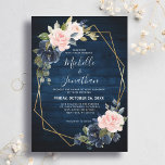 Rustikales Holz Navy Blush Pink Geometric Wedding Einladung<br><div class="desc">Dunkelmarineblau Blumen geometrische Hochzeit Einladung mit elegantem Bouquet von marineblau,  königsblau ,  weiß ,  rot Rose und schlaue grüne Eukalyptus-Blätter und eleganten Glitzer geometrischen neutralen Rahmen. Bitte kontaktieren Sie mich für Hilfe bei der Anpassung oder wenn Sie ein anderes Produkt mit diesem Design benötigen.</div>