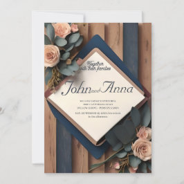 Rustikales Holz Navy Blush Pink Geometric Wedding Einladung