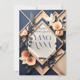 Rustikales Holz Navy Blush Pink Geometric Wedding Einladung