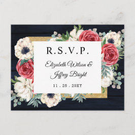 Rustikales Holz Navy Burgund Gold Floral UAWG Einladungspostkarte