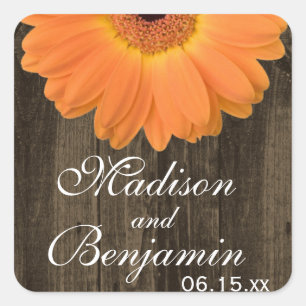 Rustikales Holz Orange Daisy Gastgeschenk Hochzeit Quadratischer Aufkleber