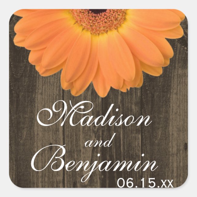 Rustikales Holz Orange Daisy Gastgeschenk Hochzeit Quadratischer Aufkleber (Vorderseite)