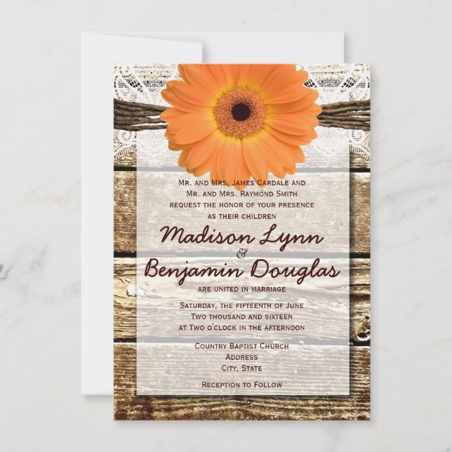 Rustikales Holz Orange Daisy Hochzeitseinladungen Einladung (Vorderseite)