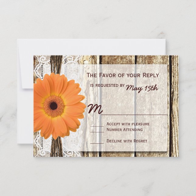 Rustikales Holz Orange Daisy Wedding RSVP Cards (Vorderseite)