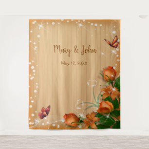 Rustikales Holz Orangefarbener Schmetterling Hinte Wandteppich