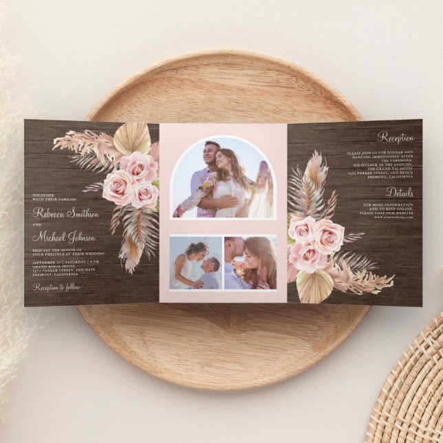 Rustikales Holz Pampas Grass Dusty Pink Roses Wedd Dreifach Gefaltete Einladung (Von Creator hochgeladen)