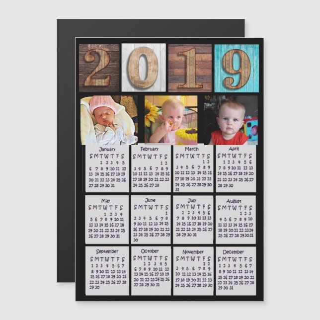 Rustikales Holz Personalisiertes Foto 2019 Kalende Magneteinladung (Vorne/Hinten)