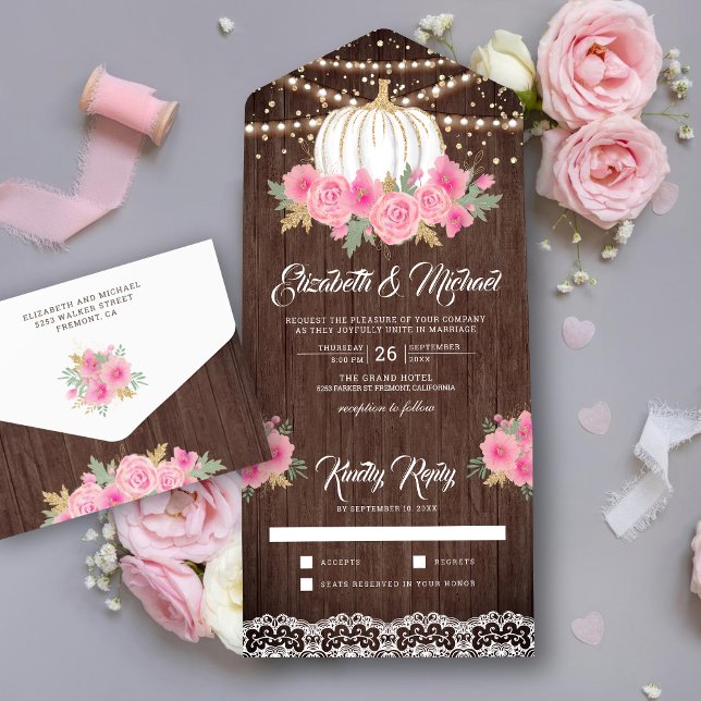 Rustikales Holz Pink Floral Weiße Kürbis Hochzeit All In One Einladung (Von Creator hochgeladen)