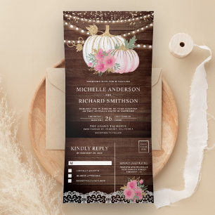 Rustikales Holz Pink Floral Weiße Kürbis Hochzeit Dreifach Gefaltete Einladung
