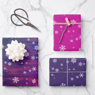 Rustikales Holz Pink Lila Schneeflocken Weihnachte Geschenkpapier Set