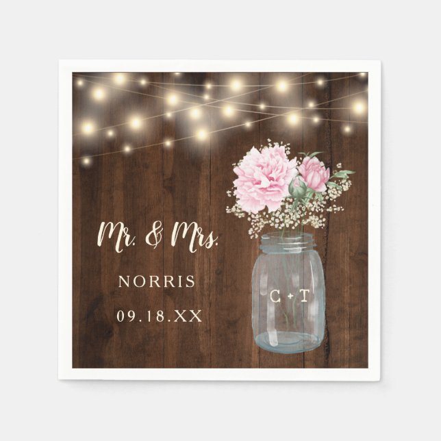 Rustikales Holz Pink Peony Floral Mason Jar | Hoch Serviette (Vorderseite)