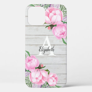 Rustikales Holz Pink Peony Wassercolor Monogram Case-Mate iPhone Hülle