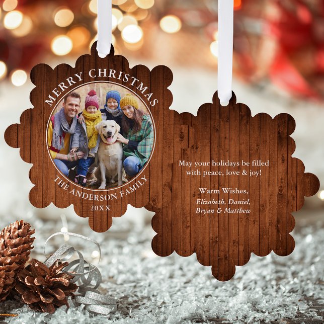 Rustikales Holz Print Frohe Weihnachts-Foto Ornament Karte (A greeting card that is also an ornament! Customize with your photo and personalized text.)