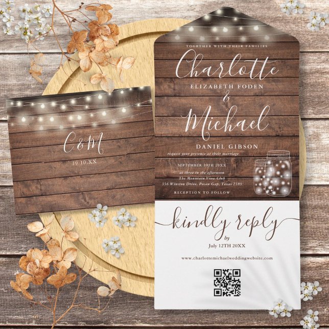 Rustikales Holz QR Code Mason Jars Lights Hochzeit All In One Einladung (Rustic Wood QR Code Mason Jars Lights Wedding All In One Invitation)