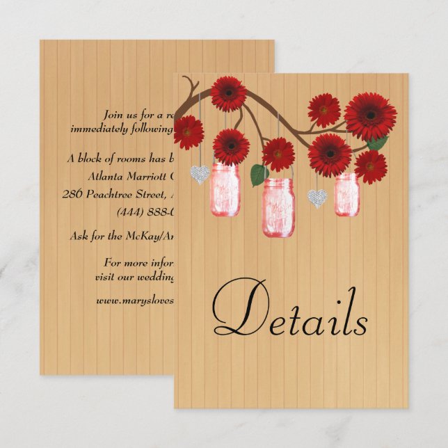 Rustikales Holz Red Floral Mason Jar Hochzeitdetai Begleitkarte (Vorne/Hinten)