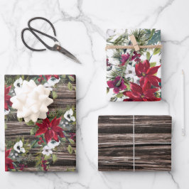 Rustikales Holz Red Poinsettias Pine Needles Weihn Geschenkpapier Set