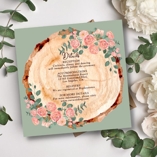 Rustikales Holz Rings Wasserfarbe Rosen Grün Begleitkarte (Von Creator hochgeladen)