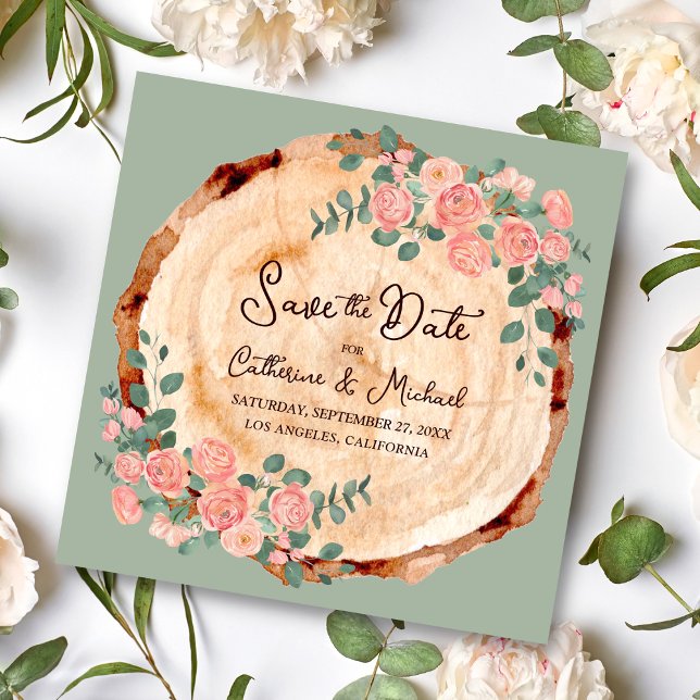 Rustikales Holz Rings Wasserfarbe Rosen Grün Save The Date (Von Creator hochgeladen)
