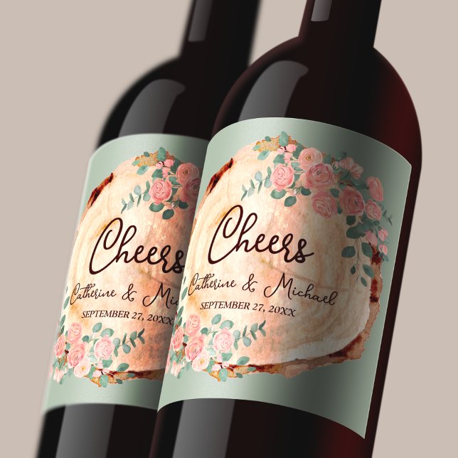 Rustikales Holz Rings Wasserfarbe Rosen Grün Weinetikett (Von Creator hochgeladen)