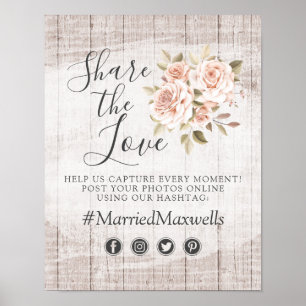Rustikales Holz Romantische Rose Hochzeitshashtag  Poster