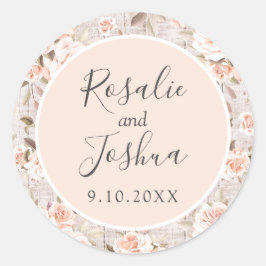Rustikales Holz & romantische Rose Shabby Hochzeit Runder Aufkleber