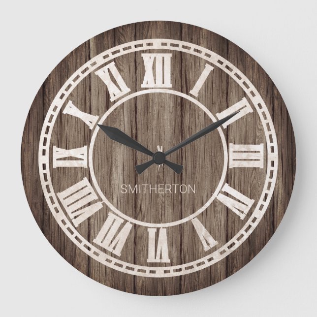 Rustikales Holz römische Zahlen Landhaus Name Große Wanduhr (Vorderseite)