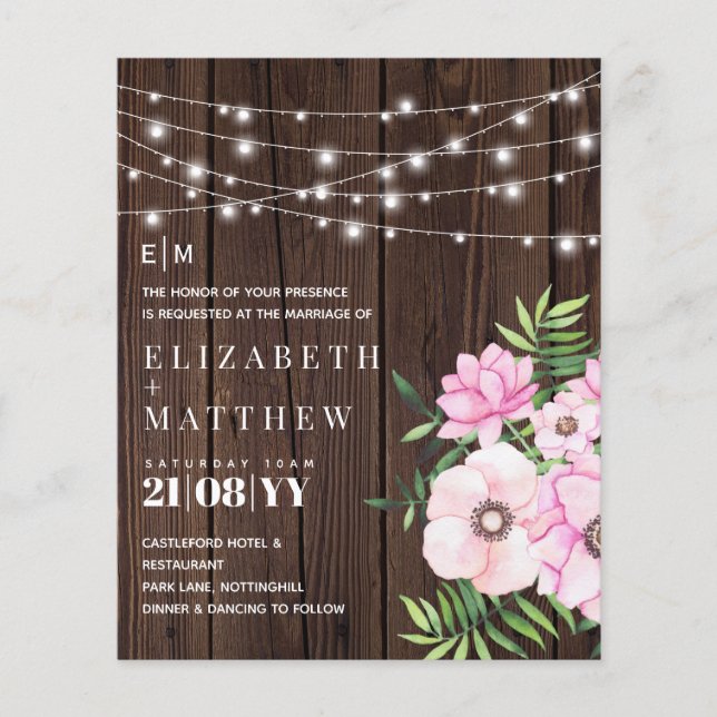 Rustikales Holz Rosa Blume Hochzeit Einladungen (Vorderseite)