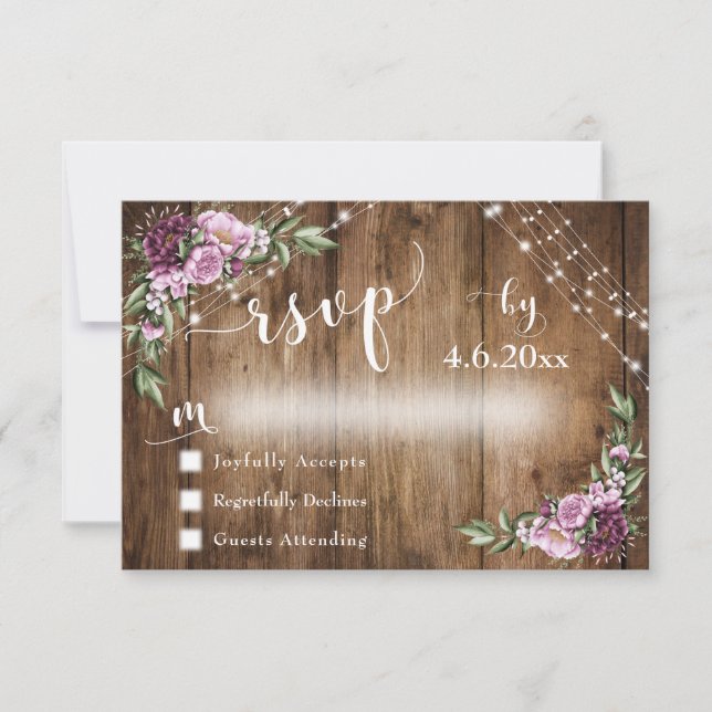 Rustikales Holz, rosa Blume & Licht mit Typografie RSVP Karte (Vorderseite)