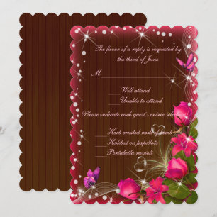 Rustikales Holz Rosa Blumenschmetterling Hochzeits Einladung