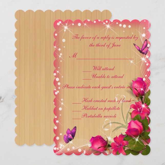 Rustikales Holz Rosa Blumenschmetterling Hochzeits Einladung (Vorne/Hinten)