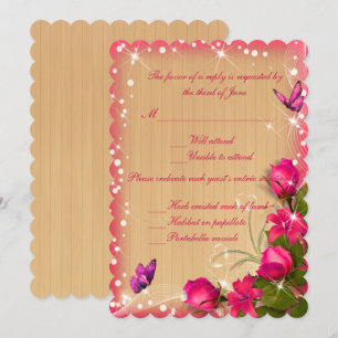 Rustikales Holz Rosa Blumenschmetterling Hochzeits Einladung