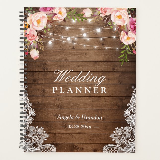 Rustikales Holz rosa Blumenzange Lights Hochzeit Planer (Vorderseite)