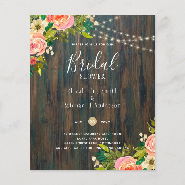 Rustikales Holz rosa Blumenzwiebeldschuh BRAUTPART Flyer (Vorne)