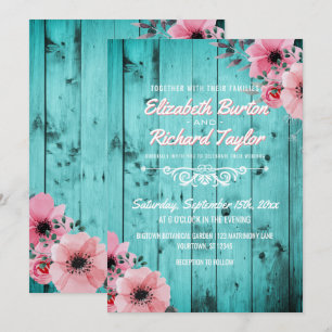 Rustikales Holz Rosa Floral Boho Aquamarine Hochze Einladung