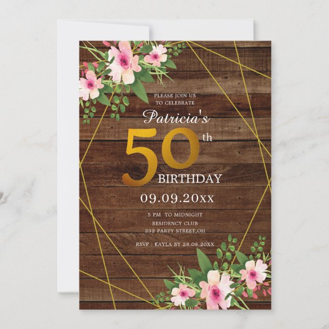 Rustikales Holz Rosa Floral Gold Glitzer 50. Gebur Einladung (Vorderseite)