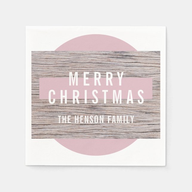Rustikales Holz Rosa Frohe Weihnachtsfamilie Serviette (Vorderseite)