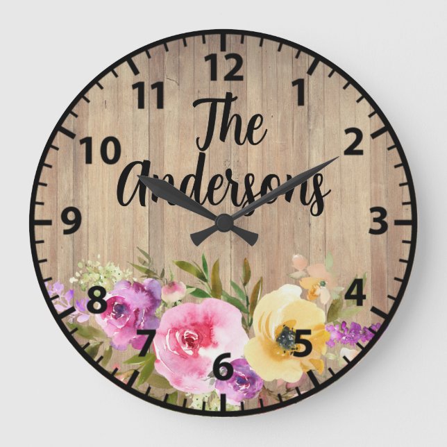 Rustikales Holz rosa Lila Gelbe Rosen Groß Große Wanduhr (Vorderseite)