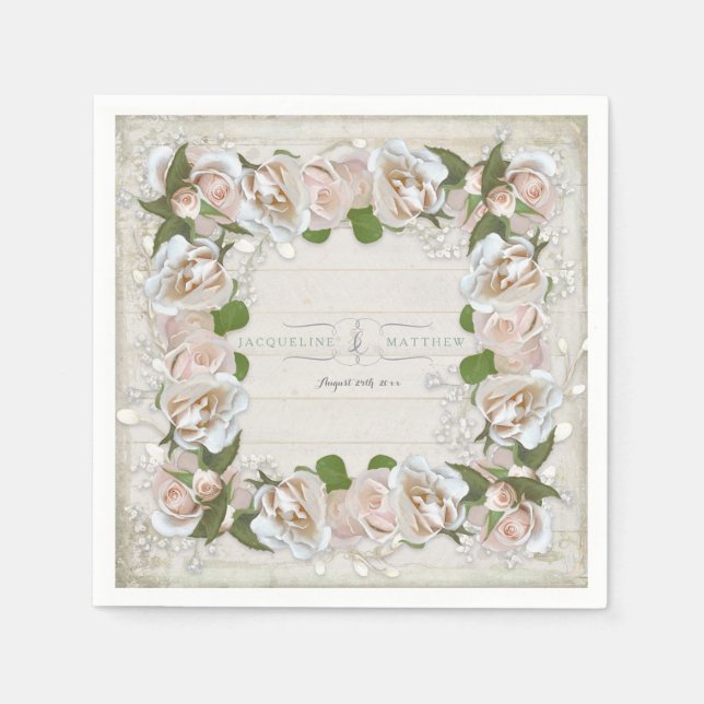 Rustikales Holz Rosa Rose Blumenstrauß Kunst Kraut Serviette (Vorderseite)