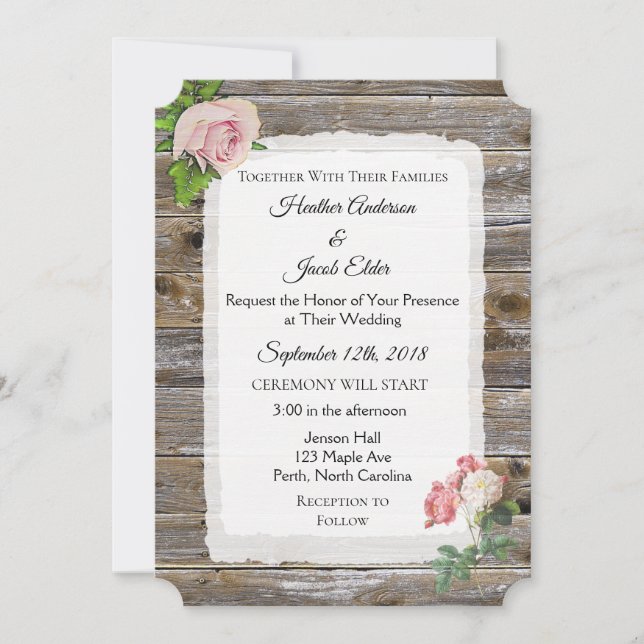 Rustikales Holz Rosa Rose Elegantes Hochzeitsempfa Einladung (Vorderseite)