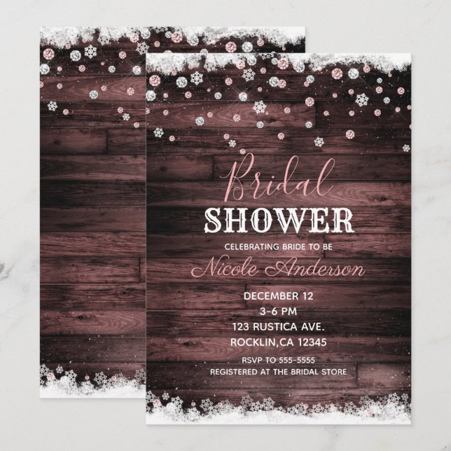 Rustikales Holz Rosa Rose Gold Winter Brautparty Einladung (Vorne/Hinten)
