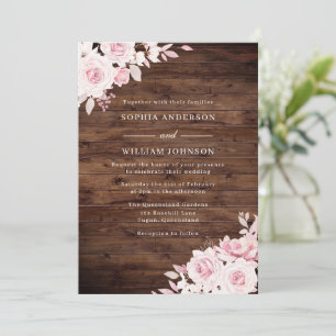 Rustikales Holz Rosa Rosen Blütenblütenhochzeit Einladung