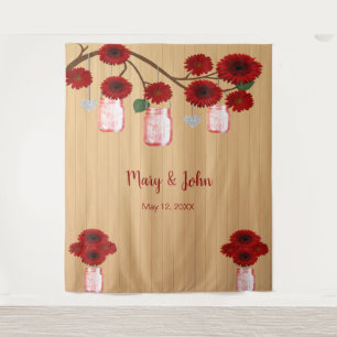 Rustikales Holz Rote Flora Mason Jars Foto Hinterg Wandteppich