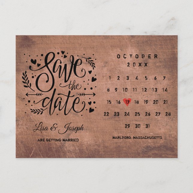 Rustikales Holz Save the Date Kalender Rote Liebe  Ankündigungspostkarte (Vorderseite)