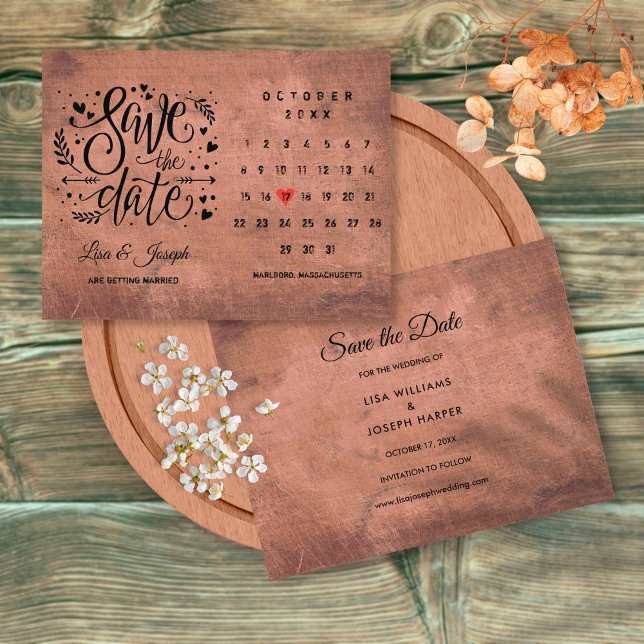 Rustikales Holz Save the Date Kalender Rote Liebe  Ankündigungspostkarte (Von Creator hochgeladen)